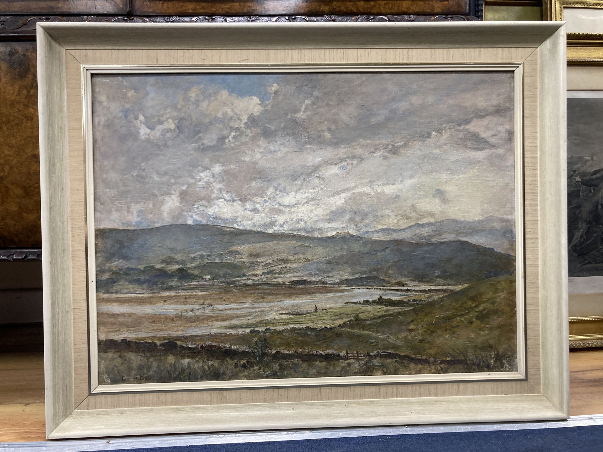 Oliver Hall (1869-1957), oil on canvas, Duddon Sands from Kirkby Moor, 1953, 56 x 76cm sold with a copy of the 1969 Jubilee Exhibition